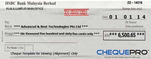 Cheque printing writing software for Malaysia Bank Template